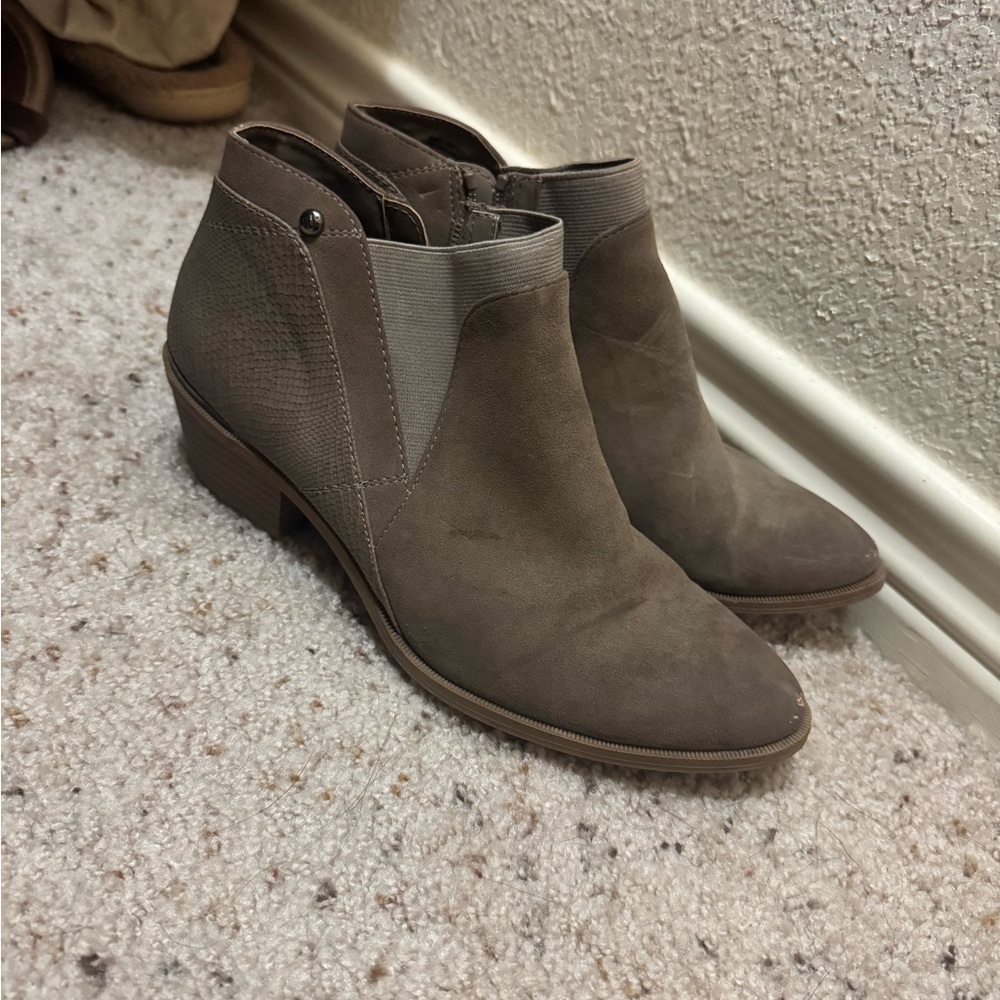 Brown booties with snake skin back and suede finish